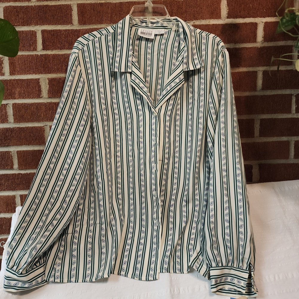 Vintage Leslie Fay Green and White Striped Blouse